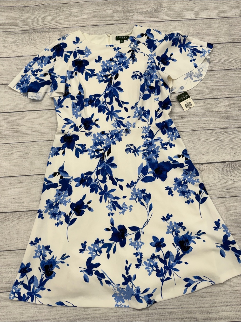 NWT Lauren Ralph Lauren Blue Floral Flutter Sleeve Dress 12P
